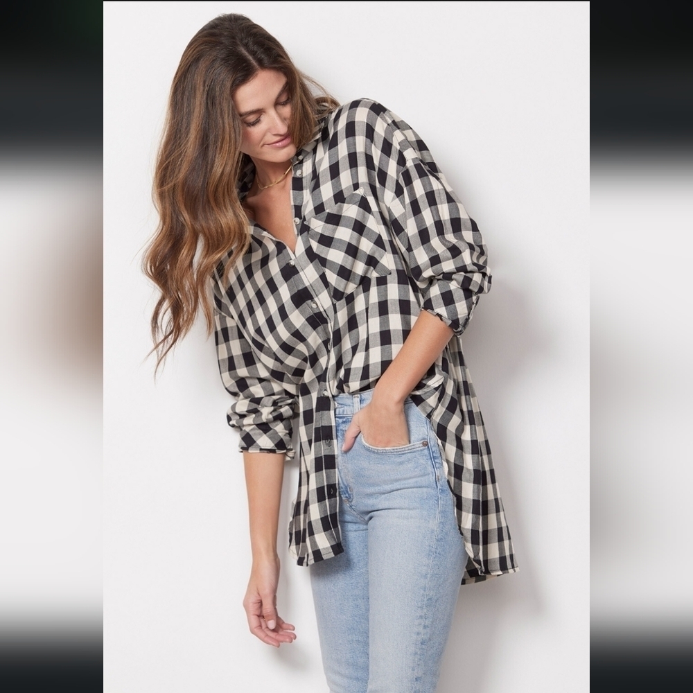 Sanctuary City Plaid Button Down Tunic Shirt Size Large
